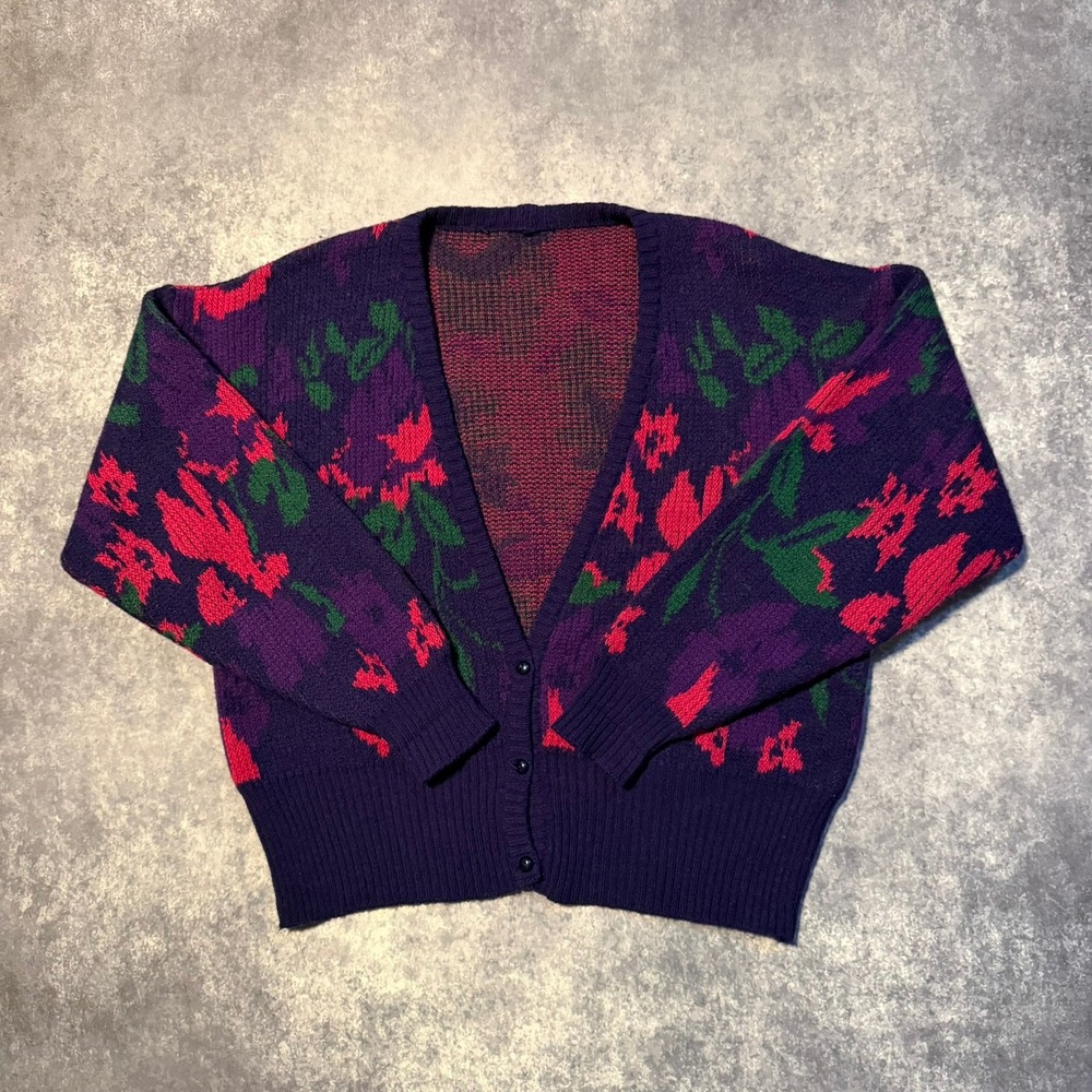Vintage Purple Floral Knit Cardigan Sweater Womens Oversized V-Neck Button Front
